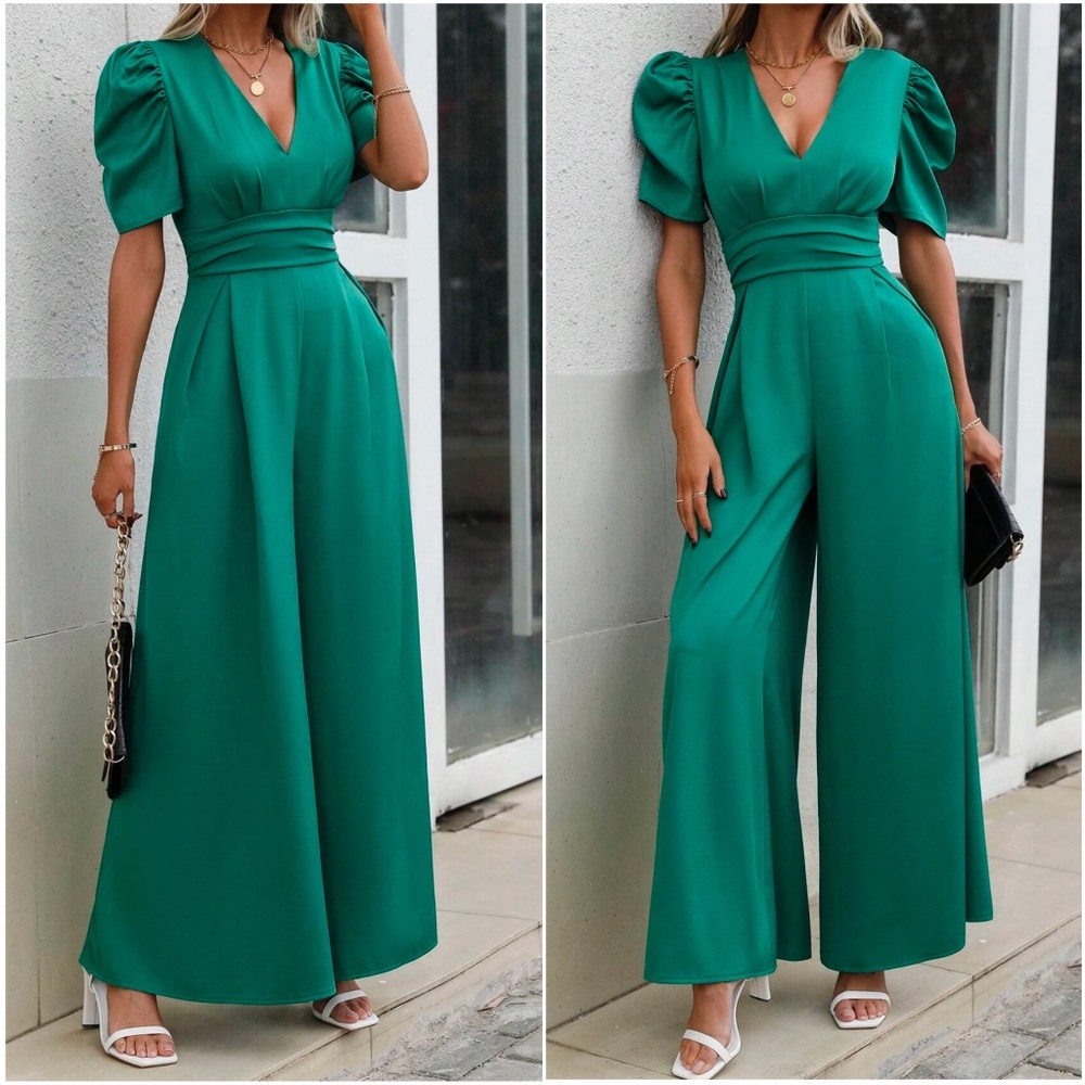Luxe V neck Puff Sleeve Elegant Jumpsuit - Picture 5 of 6